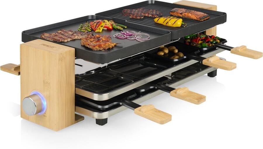 Princess 162918 Raclette Bamboe 8 personen Regelbare Thermostaat 1300W 8 pannetjes 2 meter snoer Parking deck voor ongebruikte pannetjes