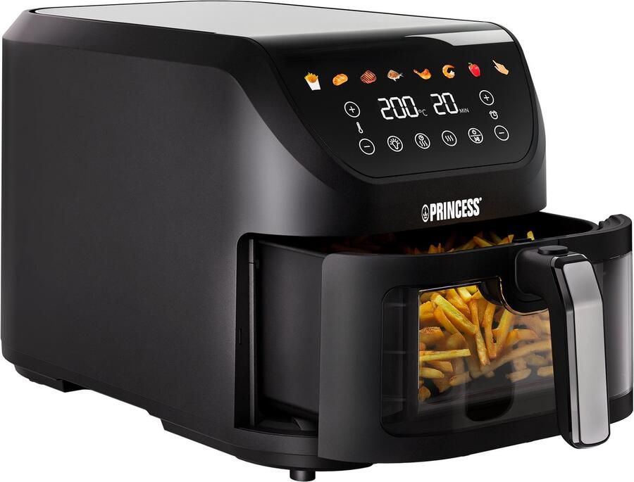 Princess 182257 SlimFry Airfryer 8 L capaciteit Doorzichtig kijkvenster Digitaal touchscreen 8 voorgeprogrammeerde instellingen Compact design 2000 W