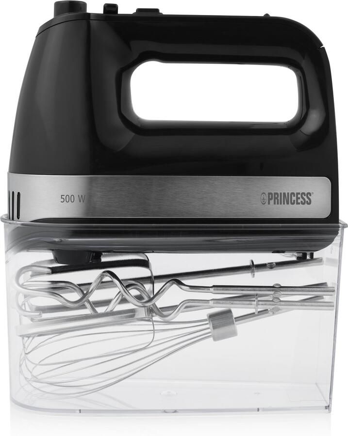 Princess 222206 Handmixer Mixer met RVS deeghaken en RVS gardes 5 snelheden en turbofunctie 500W – krachtige motor – Inclusief opbergdoos