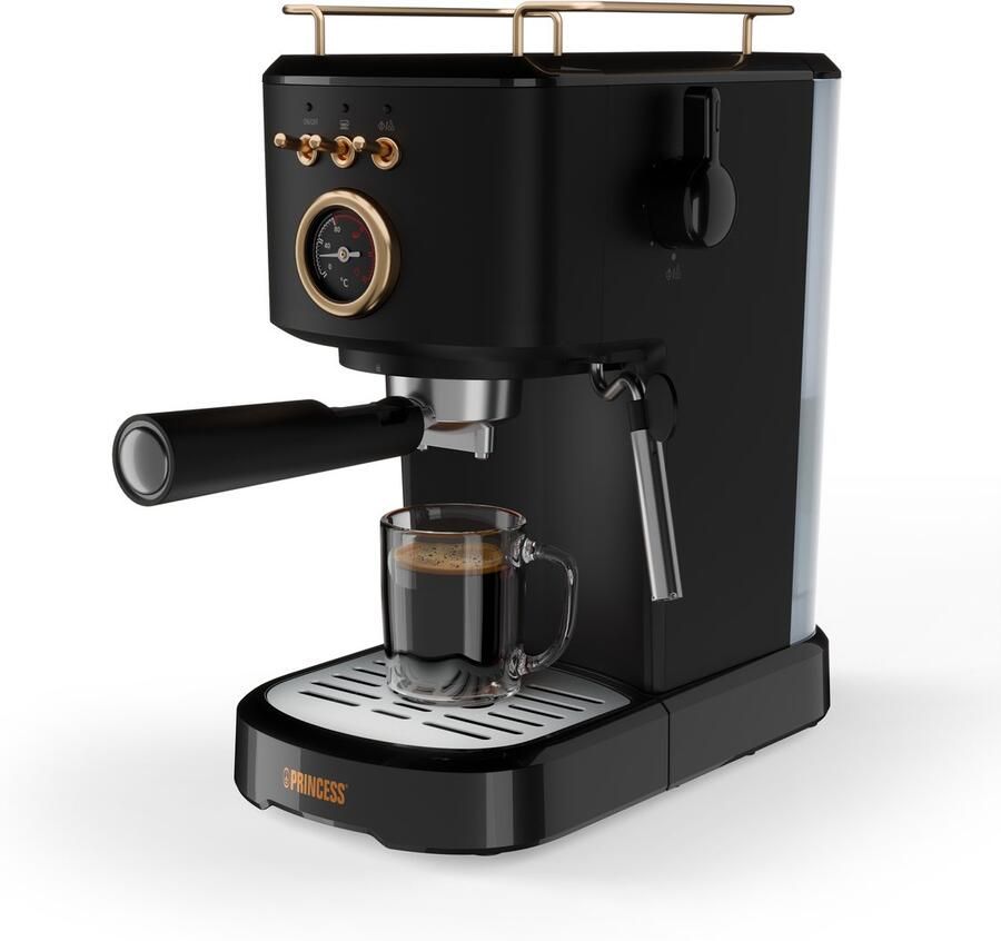 Princess 249417 Espressomachine – 20 Bar – Geschikt voor Gemalen Koffie Pads & Cups – Met Melkopschuimer – 1 2L Watertank – 2 Kopjes Tegelijk – Kopjesverwarmer – Zwart – Cappuccino & Latte Machine