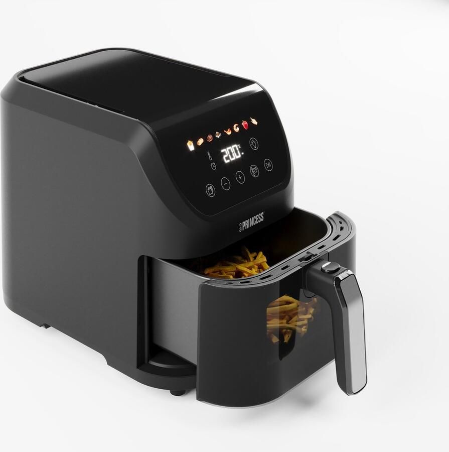 Princess Airfryer XL 182240 5.5L Compacte Digitale Heteluchtfriteuse PFAS vrij Transparant Kijkvenster Touchscreen en 8 Programma's Slank Ontwerp en Vetvrij Koken 1500W Inclusief Grillrek Zwart
