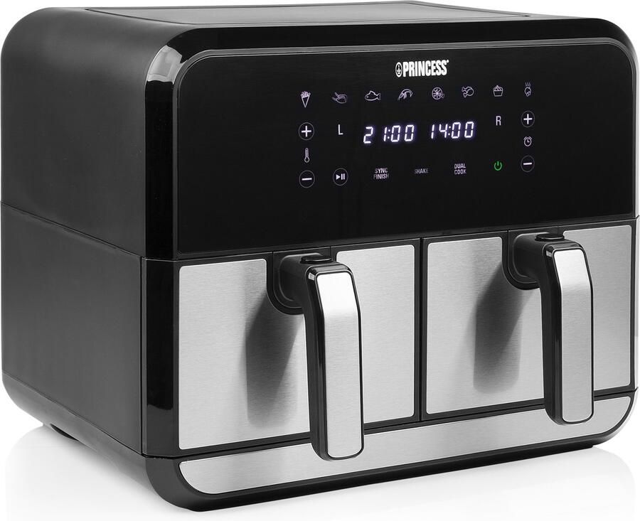 Princess Double Basket Airfryer 182074 Dubbele Airfryer 9 liter 2 manden XL 8 programma's- 2400W Dubbele heteluchtfriteuse PFAS vrij Touchscreen RVS Zwart Sync functie