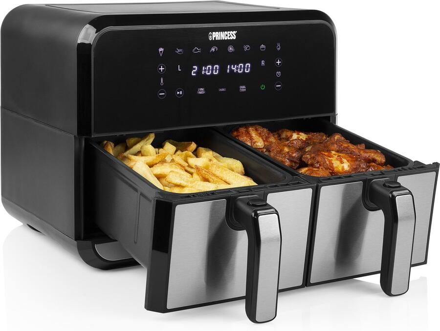 Princess Double Basket Airfryer 182074 Dubbele Airfryer 9 liter 2 manden XL 8 programma's- 2400W Dubbele heteluchtfriteuse PFAS vrij Touchscreen RVS Zwart Sync functie