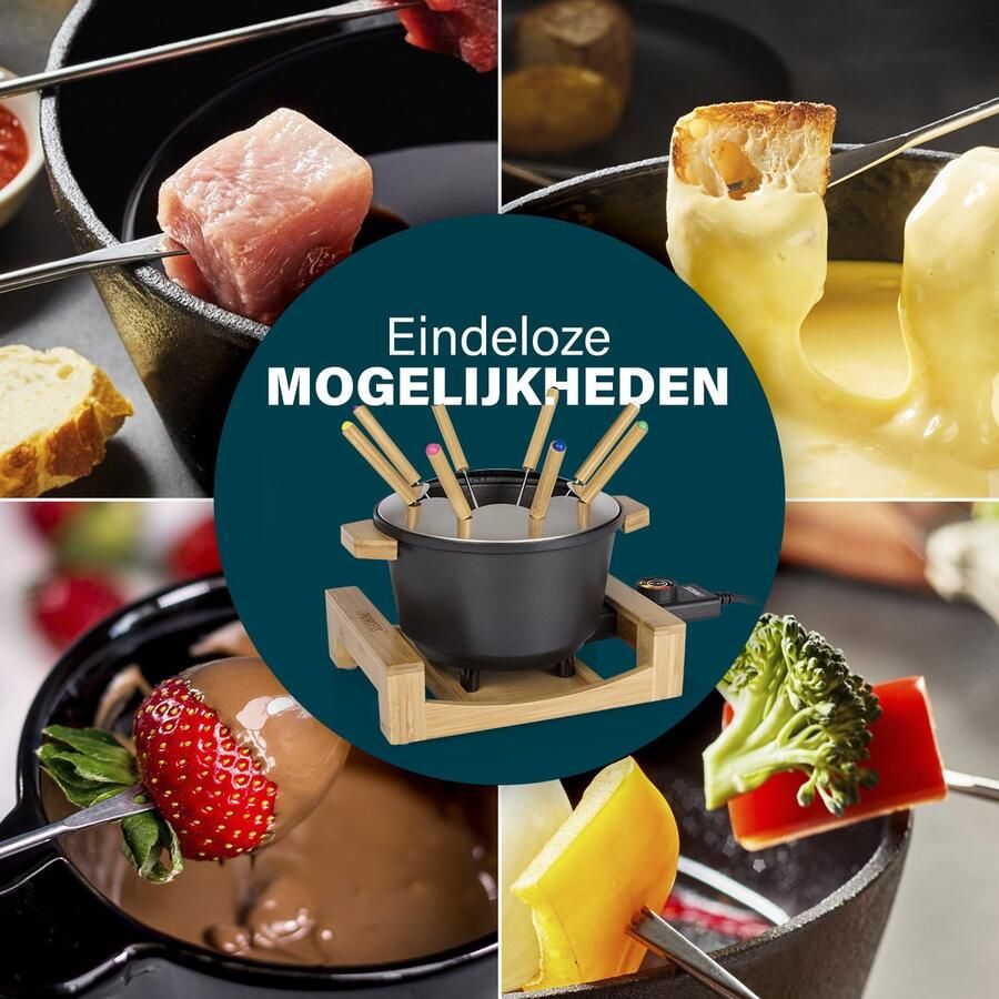 Princess Fonduepan 173025 – Elektrische fondueset 8 personen Geschikt voor kaas olie chocolade en bouillon 2 meter snoer Regelbare thermostaat Bamboe – 1.5 liter
