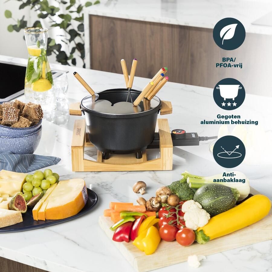Princess Fonduepan 173025 – Elektrische fondueset 8 personen Geschikt voor kaas olie chocolade en bouillon 2 meter snoer Regelbare thermostaat Bamboe – 1.5 liter - Foto 2