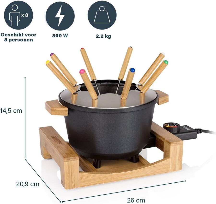 Princess Fonduepan 173025 – Elektrische fondueset 8 personen Geschikt voor kaas olie chocolade en bouillon 2 meter snoer Regelbare thermostaat Bamboe – 1.5 liter - Foto 3