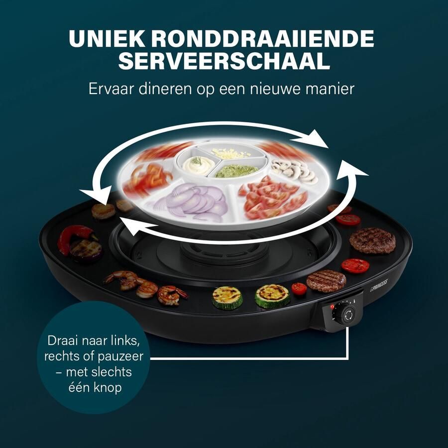 Princess Gourmetstel Table Chef Pirouette Ø45cm 103260 1100W 8 Personen PFAS-Vrij Grillplaat Ronddraaiende plaat Regelbare thermostaat 2 meter snoer - Foto 2