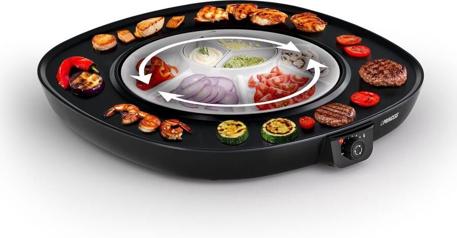 Princess Gourmetstel Table Chef Pirouette Ø45cm 103260 1100W 8 Personen PFAS-Vrij Grillplaat Ronddraaiende plaat Regelbare thermostaat 2 meter snoer
