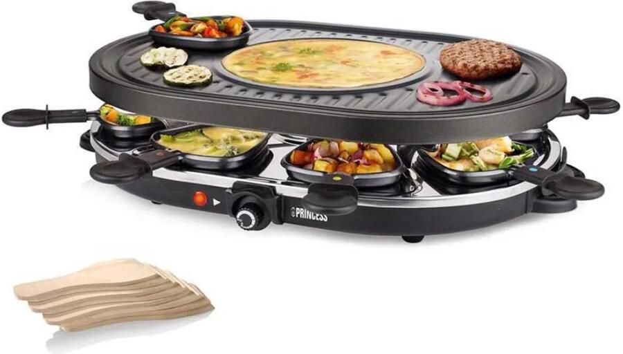 Princess Gourmetstel 162700 Raclette Oval Grill Party Speciaal crêpegedeelte 8 personen 43 x 30 cm 2 meter snoer 1200W Regelebare thermostaat 8 pannetjes