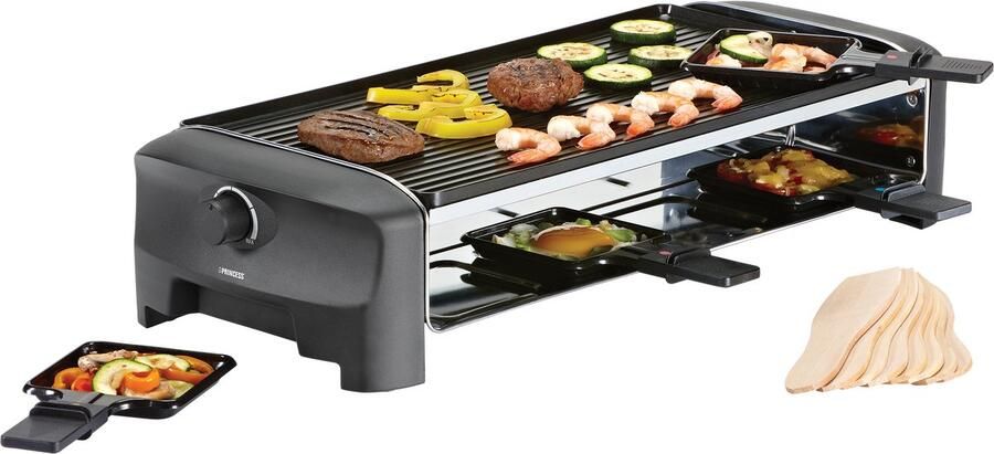 Princess Gourmetstel 162840 Raclette 8 personen Grill and Bakplaat Groot 2 meter snoer Regelbare thermostaat 1400W Omkeerbare bakplaat en grillplaat 8 pannetjes Pasen