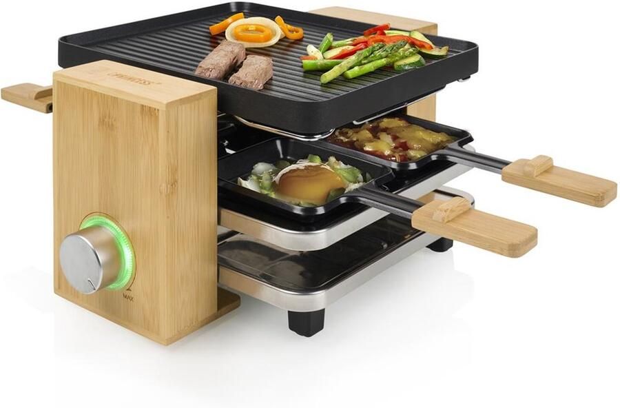 Princess Gourmetstel 162950 Raclette Pure 4 personen Grill & Bakplaat Inclusief 4 pannetjes Regelbare thermostaat 800W 2 meter snoer Anti-aanbaklaag Bamboe