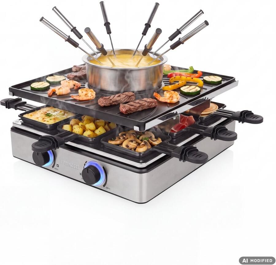 Princess Gourmetstel Raclette en Fondue 31x31cm 162670 1800W 8 Personen Incl vorkjes en spatels 5-in-1 Functionaliteit PFAS vrij Grillen bakken funcook