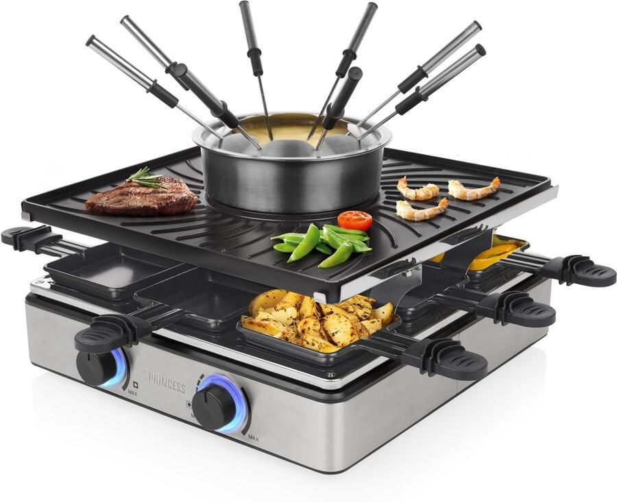 Princess Gourmetstel Raclette en Fondue 31x31cm 162670 1800W 8 Personen Incl vorkjes en spatels 5-in-1 Functionaliteit PFAS vrij Grillen bakken funcook