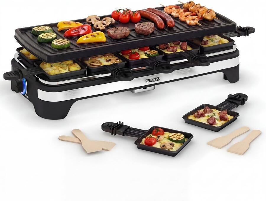 Princess Gourmetstel XL 162650 Raclette 10 personen Grill & Bakplaat Groot 49x21cm Extra lang 2 meter snoer Regelbare thermostaat 1500 W Zwart 10 pannetjes - Foto 2
