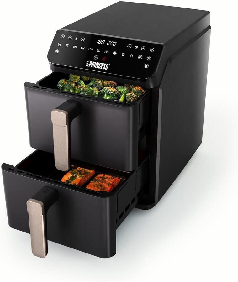 Princess Heteluchtfriteuse 182278 3000W Stack Airfryer 11 2liter PFAS-Vrij 2 lades (Sync) 11 Bakprogramma's Bespaart 45% ruimte Dubbele gestapelde lades