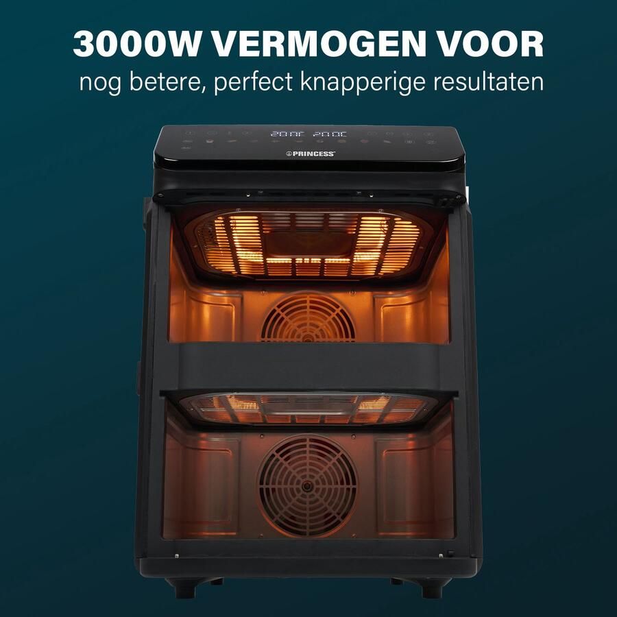 Princess Heteluchtfriteuse 182490 3000W Stack Airfryer 11 2L PFAS-Vrij 2 lades (Sync) 11 Bakprogramma's Bespaart 45% ruimte Dubbele gestapelde lades