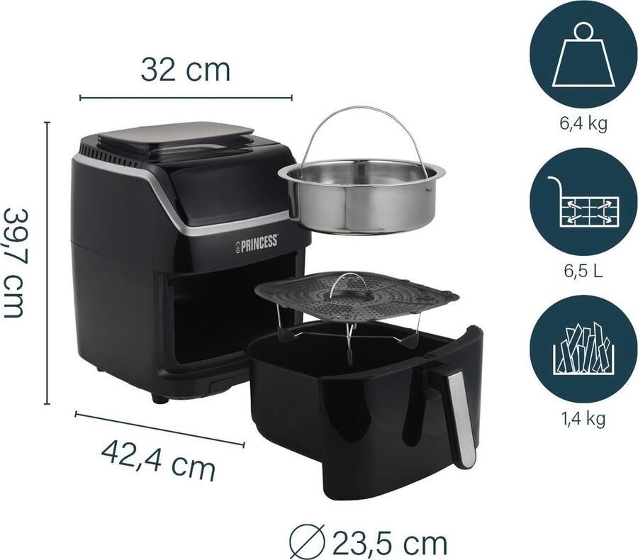 Princess Stoom airfryer Stoomfunctie 2-in-1 Stoomoven en Airfryer Steamer 8 voorgeprogrammeerde programma's 6.5 liter 1700W Zwart 182080 Dubbele airfryer xxl Voor 6 personen - Foto 2