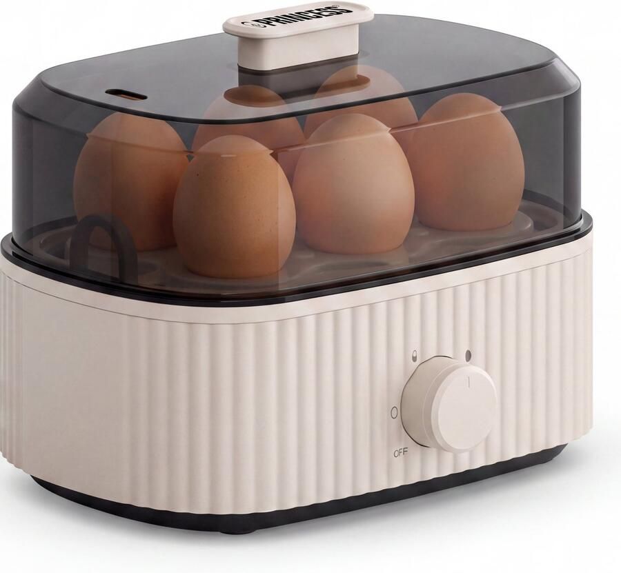 Princess Eierkoker Wave 262047 Elektrische Eierkoker voor 6 Eieren 300W Retro Design Zwart Beige Hard Medium of Zacht Gekookte Eieren Inclusief Maatbeker Compacte Eierenkoker met Deksel Snel en eenvoudig eieren koken voor ontbijt