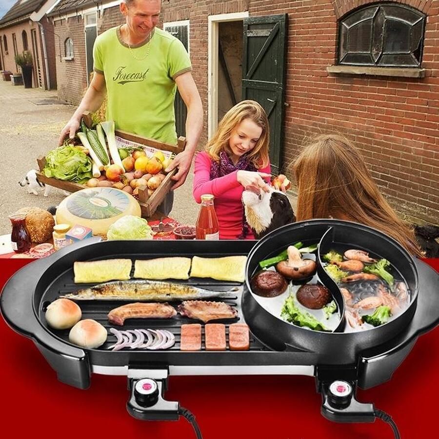 Pro-Care 2in1 Dual Aziatische HotPot Grill Bakplaat Gourmetten Bouillon fondue 5 7 personen 2000W Anti Aanbak Laag 71cm Lang!