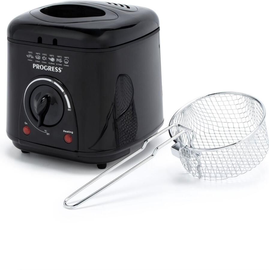 Progress EK2969PBLKVDE Compacte 1L Mini Friteuse Verwijderbare antiaanbak kookmand Gemakkelijk te reinigen Antislip Instelbare temperatuurregeling Aanrecht frietpan Geurreducerend filter 950W