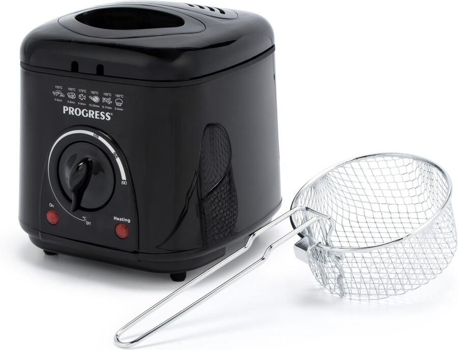 Progress EK2969PBLKVDE Compacte 1L Mini Friteuse Verwijderbare antiaanbak kookmand Gemakkelijk te reinigen Antislip Instelbare temperatuurregeling Aanrecht frietpan Geurreducerend filter 950W