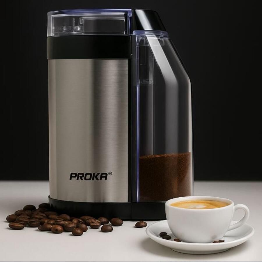 PROKA – Elektrische Koffiemolen – RVS – Met Opvangbak – Voor Bonen Noten & Kruiden