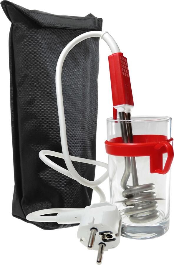 Prosper reisdompelaar met glas en reisetui 350W 230V type 201 camping dompelaar waterkoker voor op reis