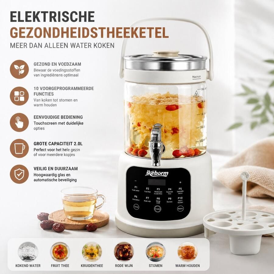 Psogpone Elektrische Theepot Gezondheidskoker Glazen Waterkoker – Met EU-stekker – Voor thee soep pap warme dranken & babyvoeding – Glas – 1 5L – Incl. deksel basis & handleiding