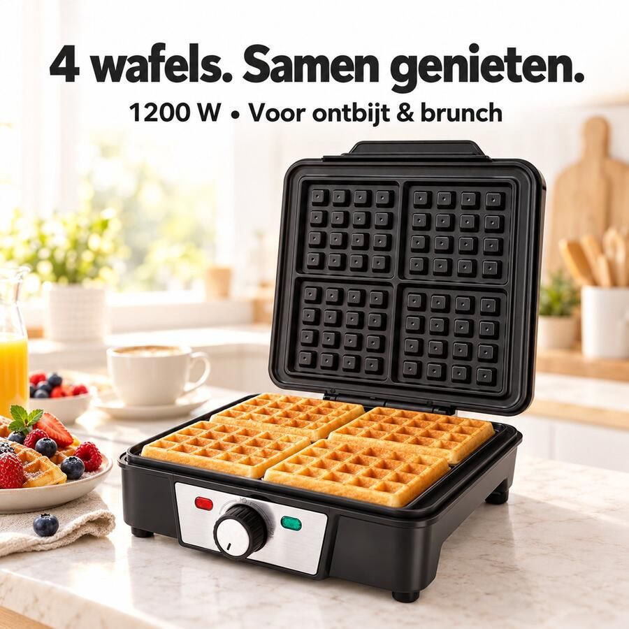 Psogpone Wafelijzer voor 4 Belgische Wafels 1200 W Regelbare Temperatuur Antiaanbaklaag Overlooprand Indicatielampjes Rechtop Opbergen Voor Ontbijt Brunch en Dessert Zwart Zilver