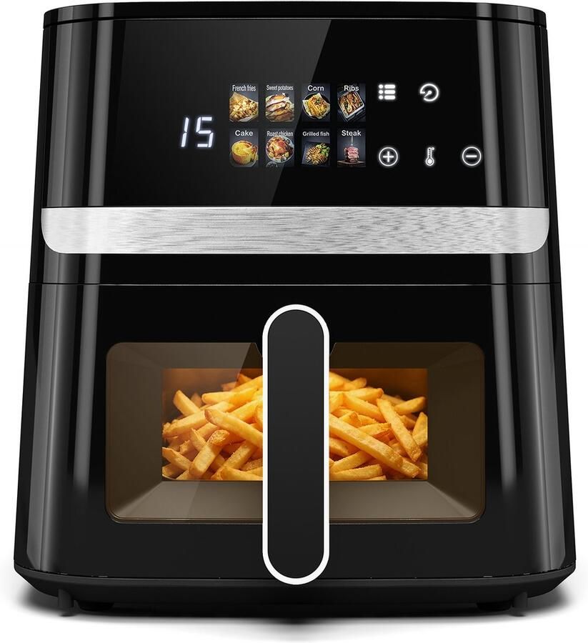 Puluomis Digitale Airfryer 6 5L 8 programma's PFAS-vrij BPA-vrij 80-200 °C Tot 6 personen Doorzichtige deksel Zwart