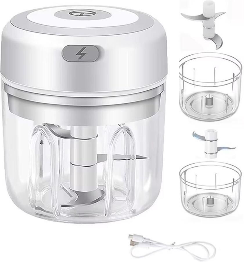 PULUZ Elektrische Keukenhakmolen 250ml + 100ml Mini Elektrische Blender USB Multifunctionele Hakmolen Oplaadbaar 3 Roestvrijstalen Messen Draagbare Mini Blender Geschikt voor Vlees Fruit Knoflook Wit