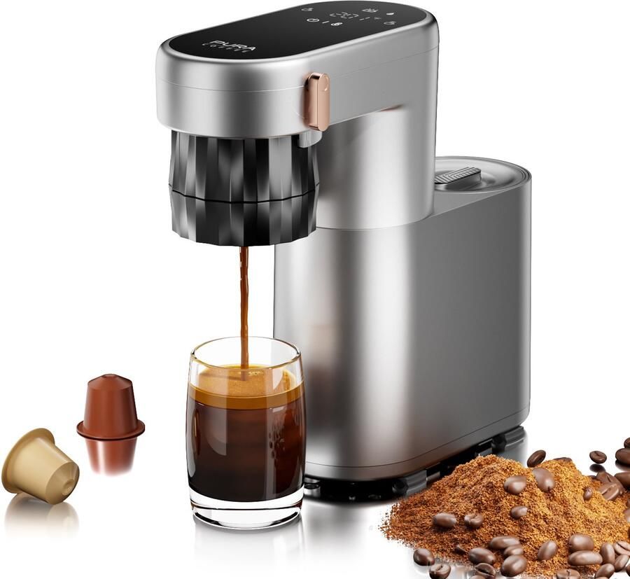 Pura Coffee C1 Pro Mini Espressomachine 3 Seconden Verwarming 20Bar Draagbaar & Oplaadbaar Eénknopsbediening Geschikt voor Koffiepoeder & Espressocapsules