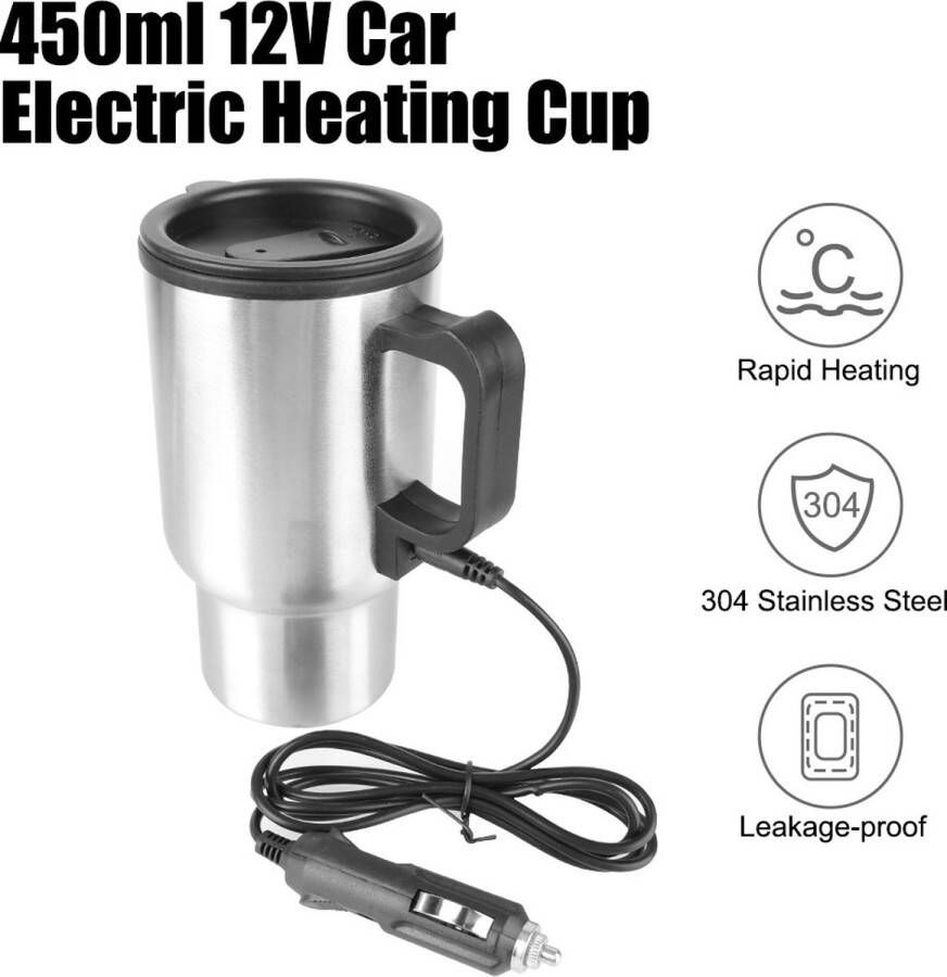 Purchy Elektrische Verwarmde Autobeker 12V Roestvrijstalen Reisbeker voor Water Koffie en Melk 450ml Draagbare Voertuigverwarming Beker