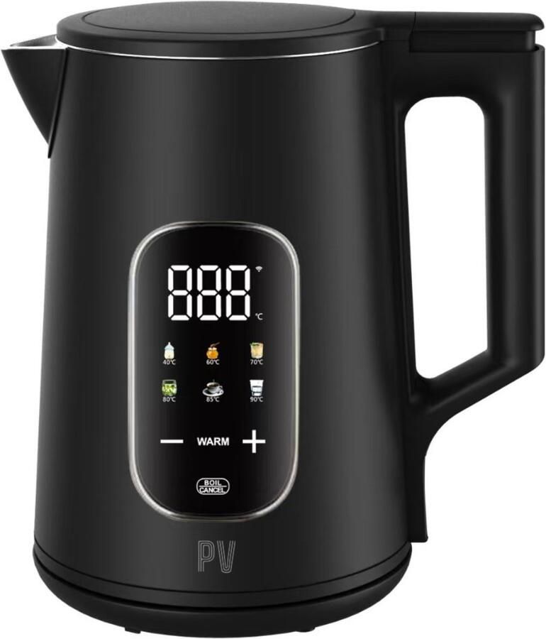 PureVolt Waterkoker met Temperatuurregeling – 1 7L RVS – 2000W – Zwarte Waterkoker – LED Display – Warmhoudfunctie – Dubbelwandig & BPA-vrij – Stil en Snel – Automatische Uitschakeling