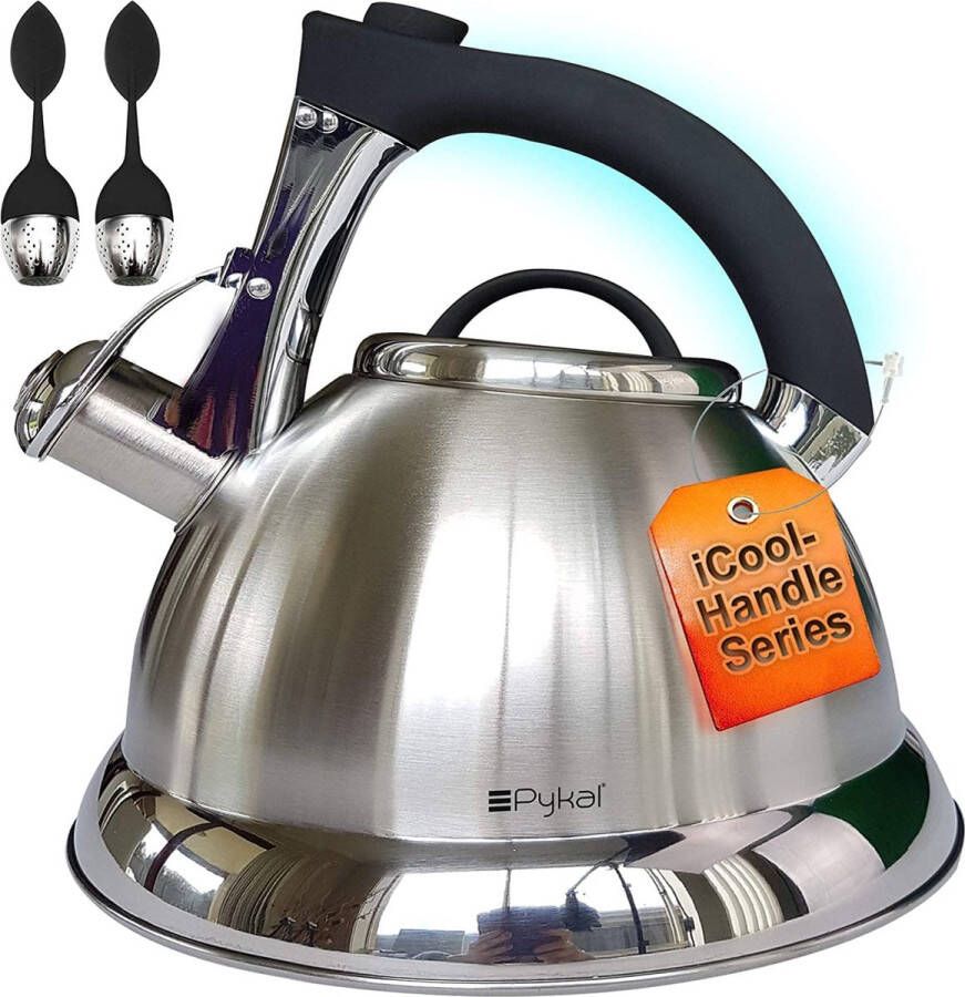 Pykal Fluitende Thee Ketel voor Kachel Top 2.8 Liter Roestvrijstalen iCool Handvat Theepot 5 PLY Waterkokers Potten met 2 Infusers ook voor Gas- of Inductieverhitter