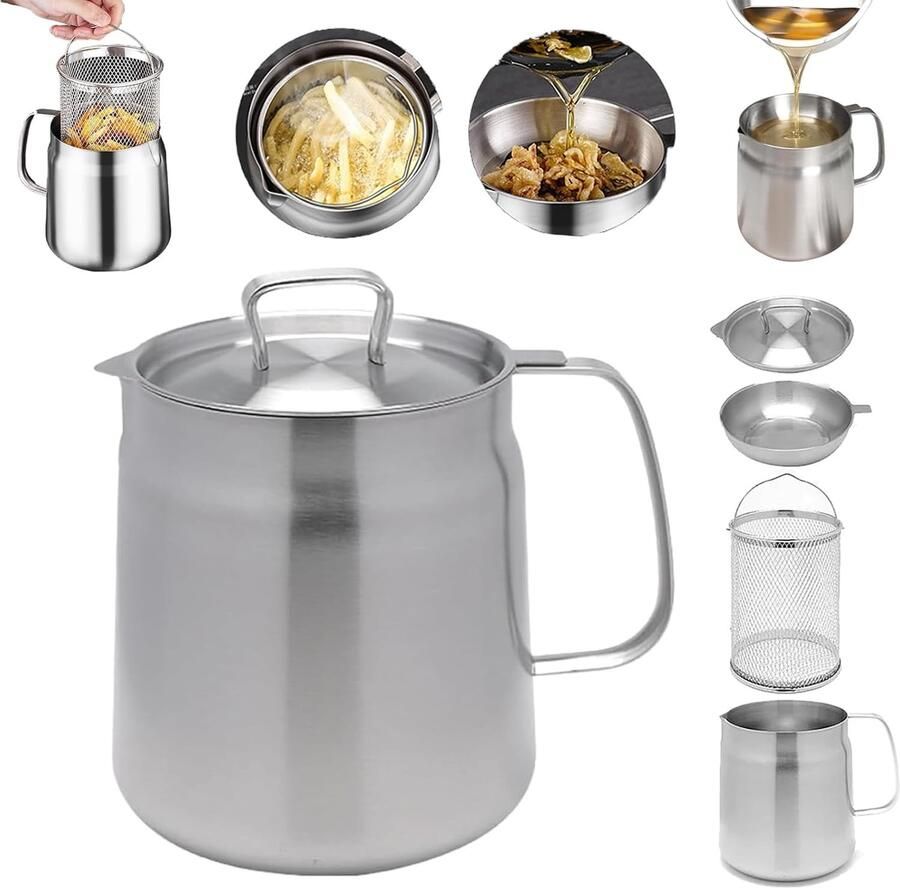 Pyreta Frituurpan Frituurpannen friteuse frietpan Filterkan Scheidt vetresten Frituurpan van roestvrij staal met mand en zeef Grote capaciteit Vaatwasserbestendig 68 oz 2 L Zilver