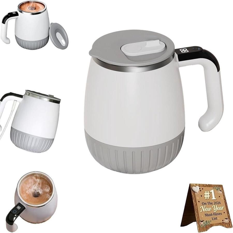 PZCC Elektrische melkopschuimers Elektrische roerbeker Zelfroerend koffiebeker Koffiemokken Temperatuursweergave Reisbeker voor Koffie en Melk Wit 380ML