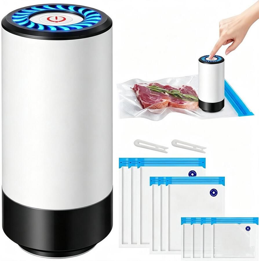 PZCC Mini Draagbare Vacuumsealer Elektrische Vacuümpomp Vacuümmachines Handvacuümtrekker Met 10 Herbruikbare Vacuümzakken Voor Voedselverpakking Kleding Voedselbewaring & Sous Vide