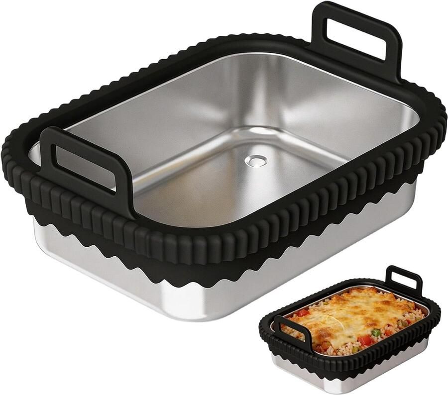Qnbonrich Airfryer ovenschaal voor heteluchtfriteuse glazen airfryer-accessoires siliconen handgrepen en uitneembare siliconen ring hittebestendig krasbestendig vaatwasmachinebestendig afneembaar zwart