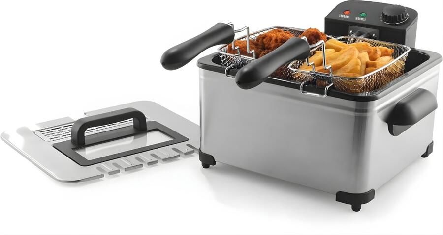 QORA Frituurpan Dubbele Frituurpan Friteuse Dubbele Friteuse Zilver 36cm x 36cm x 22cm