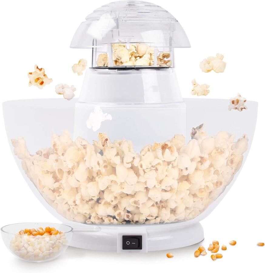 QORA Popcorn Machine – Hetelucht Popcornmachine – Popcornpan Inclusief Serveerschaal – Popcornmakers 1200W Wit 30cm x 30cm x 28cm