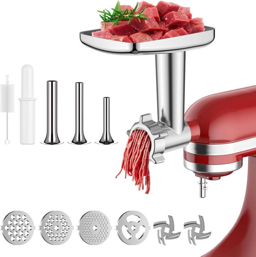 QPFO Vleesmolen opzetstuk voor blender inclusief worstvulhoorns slijpmessen en maalschijven eenvoudig te monteren met reinigingsborstel
