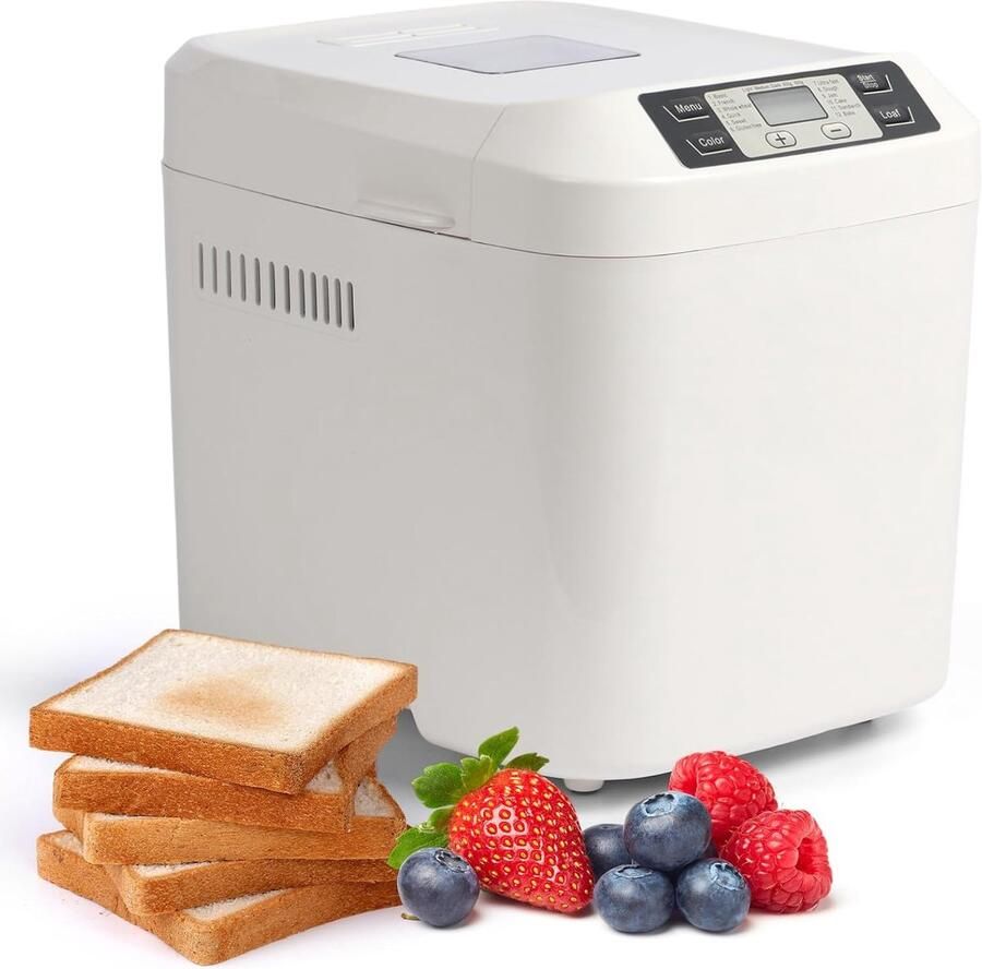Qtiice Broodbakmachine (ca. 900 g 2 lbs) 12-in-1 glutenvrije instelling bakvorm met antiaanbaklaag twee broodformaten timer met uitgestelde start (13 uur) en warmhoudfunctie (1 uur) – wit
