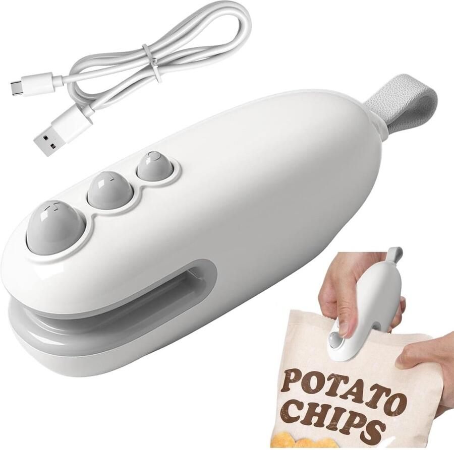 QTTVBTNA -2-in-1 Mini Zakverzegelaar met Snijder – USB Oplaadbare Draagbare Foliasealer met Magnetische Onderkant – Handige Tassenverzegelaar voor Voedselbewaring en Versheid – Wit