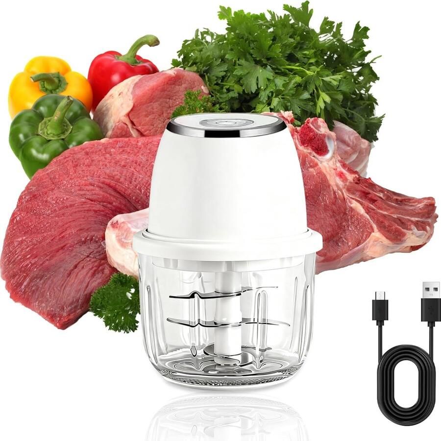 QTTVBTNA Elektrische Hakmolen Mini Groentehakker 350 ml 6 RVS Messen USB-C Oplaadbaar Voor Ui Groenten Vlees en Fruit Wit