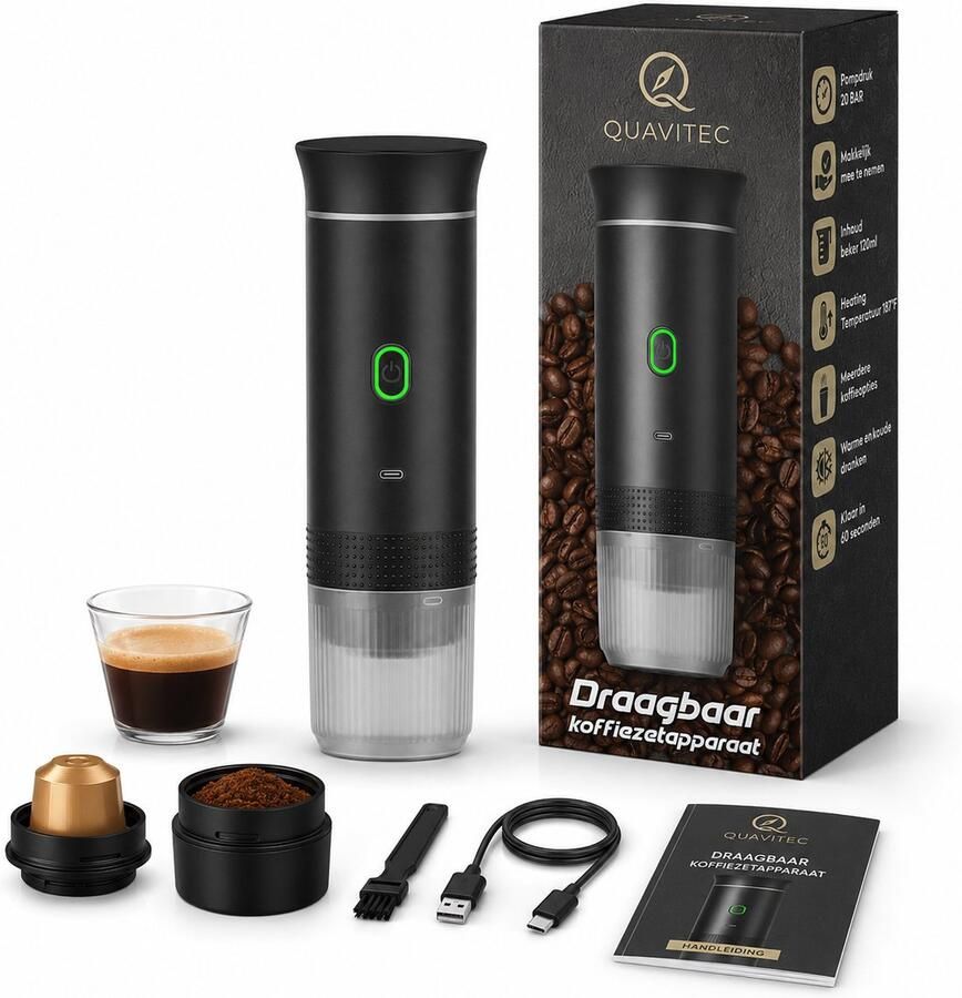 Quavitec Draagbaar Koffiezetapparaat Draagbare Koffiemachine Cups & Gemalen Koffie Camping Espressomachine USB Oplaadbaar Espresso & Lungo Machine voor Onderweg en Reizen