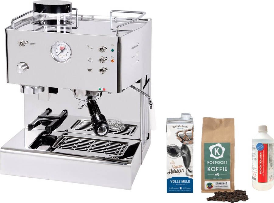 Quickmill Quick Mill 3035 Pistonmachine espressomachine met geïntegreerde koffiemolen en gratis Koepoort Koffie baristapakket (Baristamelk verse koffie en ontkalkingsmiddel)