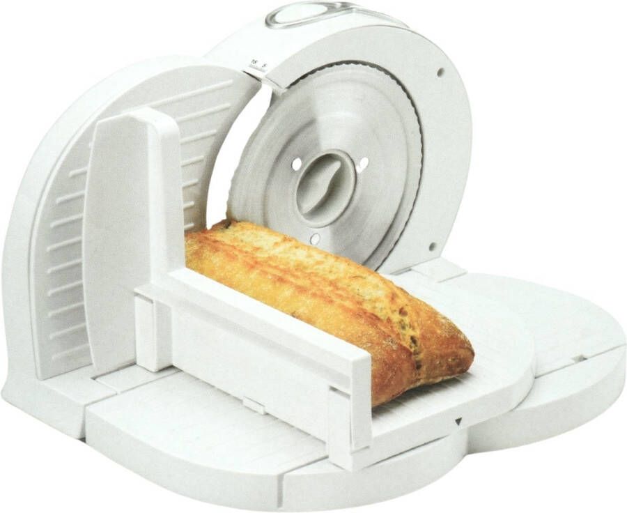 Quigg Snijmachine – 150W – Broodsnijmachine Verstelbare Snijdikte 1-5 mm – RVS Gekarteld Mes Ø17 cm – Compact Allessnijder – Wit – EU Stekker