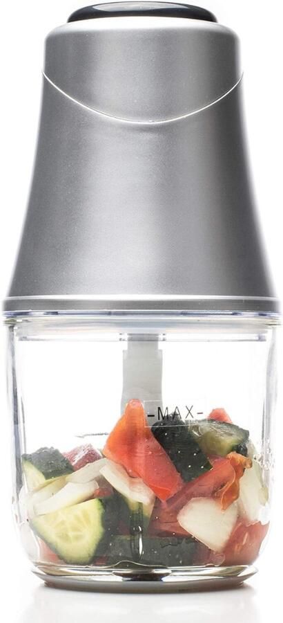 QUOVO Hakmolen Elektrisch Hakmolen Electrisch Met 600 ml Glazen Kom Food Chopper Met 3 Titanium Messen – Keukenmachine Groentesnijder – Mandoline – Vleessnijder Zilver 20cm x 16cm x 23cm