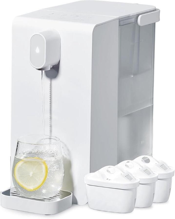 QUOVO Heetwaterdispenser Luxe Instant waterkoker Heetwatertap – Warmwater Dispenser – Met 3 Filterpatronen – 3.4 Liter Inhoud Wit 34cm x 21cm x 25cm